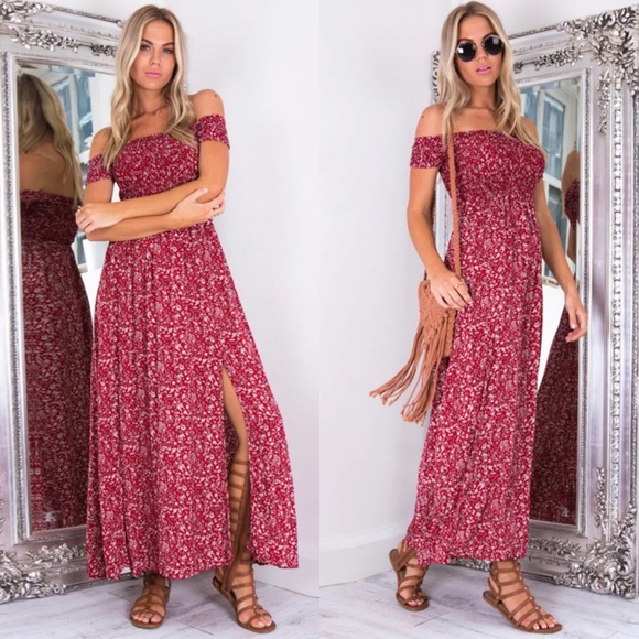 Off Shoulder Red Floral Smocked Dress Two Front Slits Short Sleeves - Picture 3 of 5